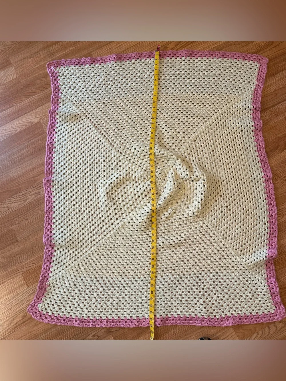 Vintage Handmade Crocheted Baby Blanket Cream Off White Pink Trim 39x48 Granny